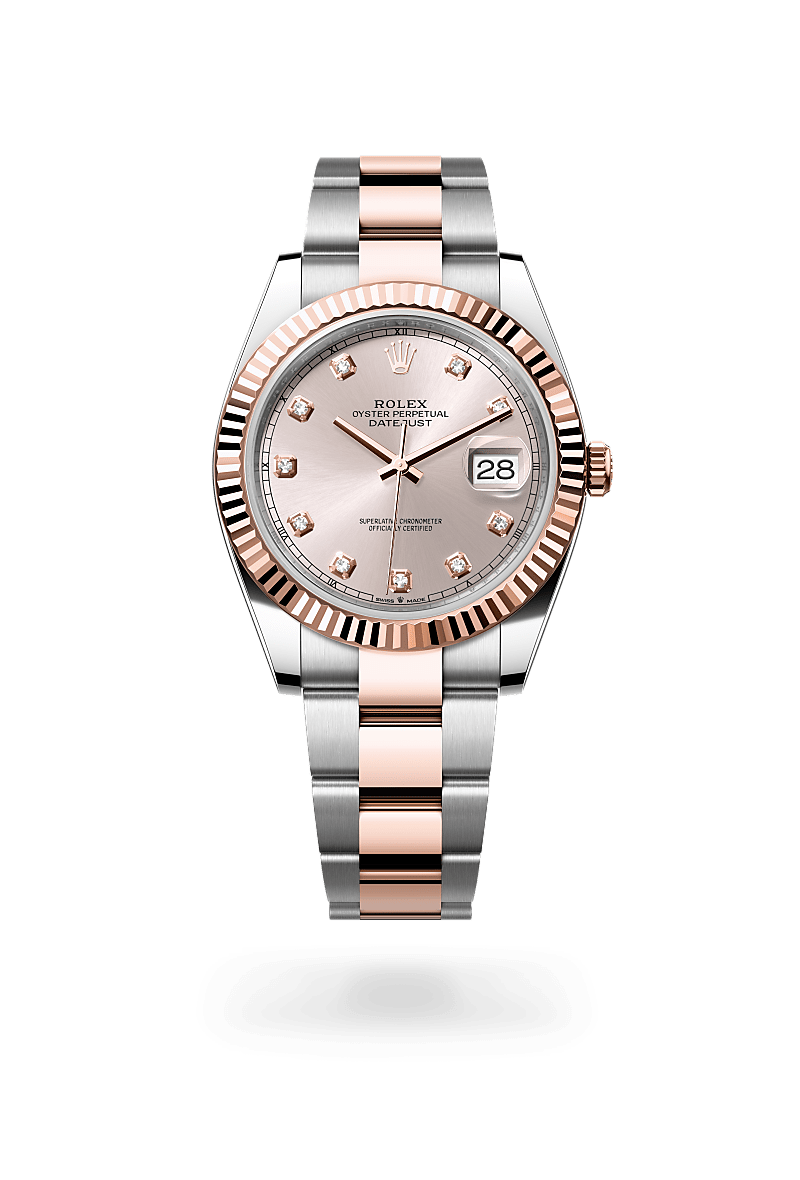 Rolex Datejust 41 in Everose Rolesor with a sundust set with diamonds dial, fluted bezel, and Oyster bracelet.