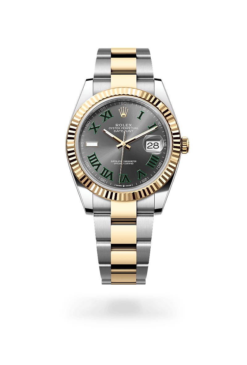 Rolex Datejust 41 in Yellow Rolesor with a slate dial, fluted bezel, and Oyster bracelet.