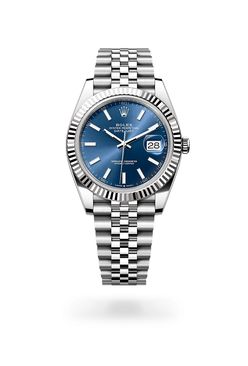 Rolex Datejust 41 in White Rolesor with a bright blue dial, fluted bezel, and Jubilee bracelet.