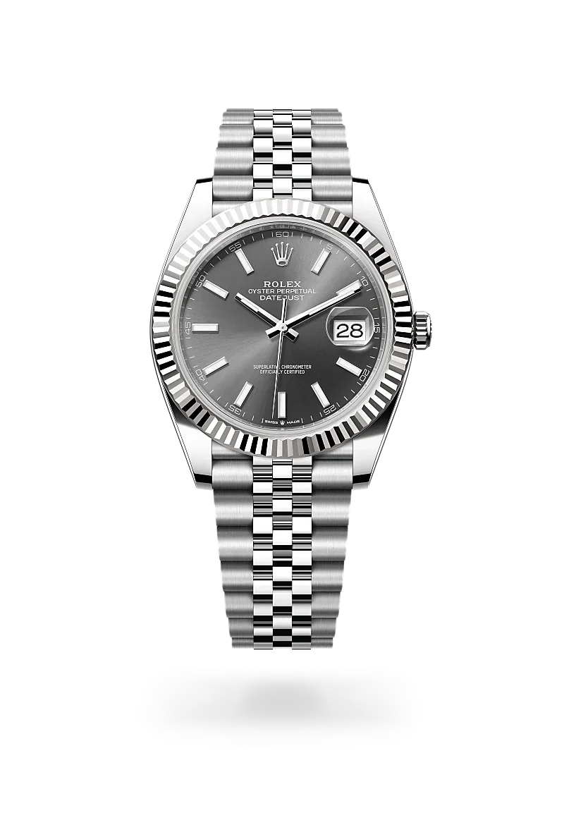 Rolex Datejust 41 in White Rolesor with a slate dial, fluted bezel, and Jubilee bracelet.