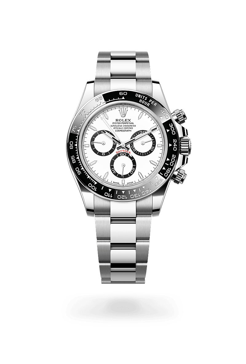 Rolex Cosmograph Daytona in Oystersteel with a white, black counter rings dial, black monobloc cerachrom bezel in ceramic with moulded tachymetric scale bezel, and Oyster bracelet.