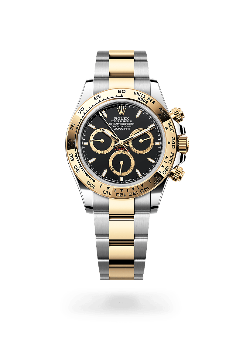 Rolex Cosmograph Daytona in Yellow Rolesor with a black, golden counter rings dial, fixed, with engraved tachymetric scale, in yellow gold bezel, and Oyster bracelet.