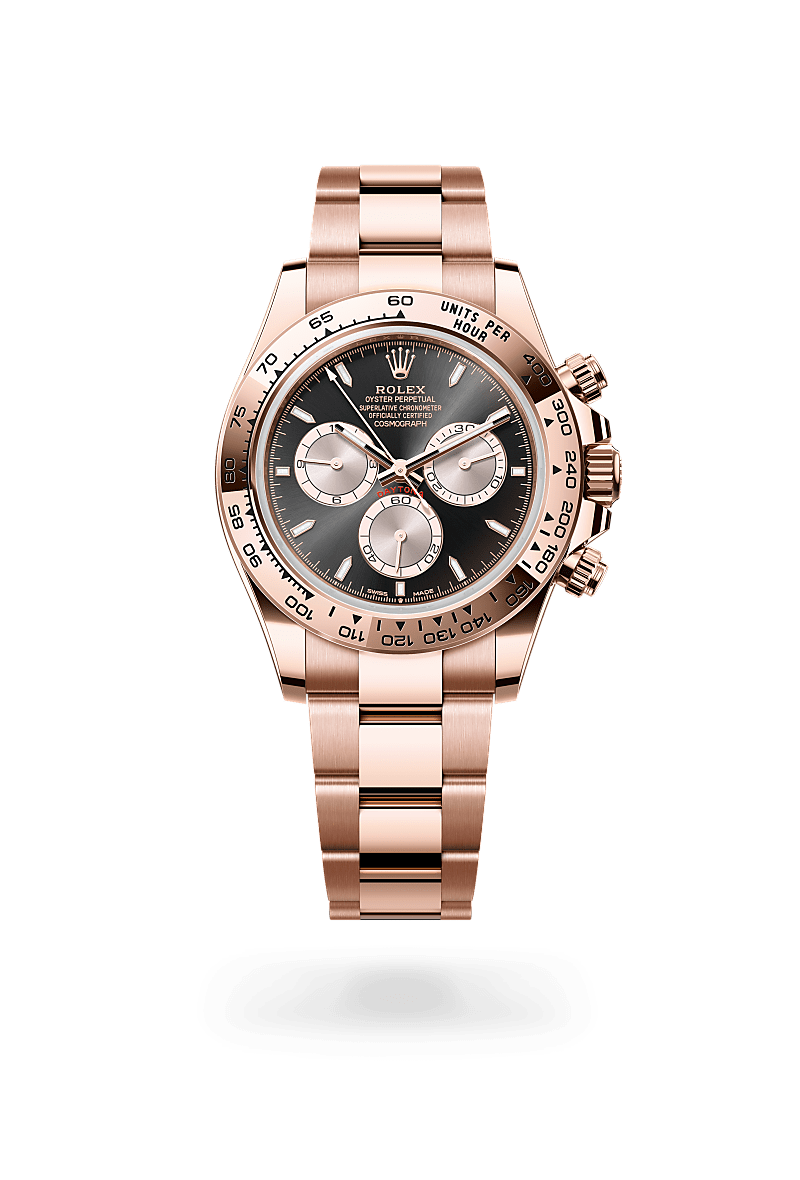 Rolex Cosmograph Daytona in 18 kt Everose gold with a bright black and sundust dial, fixed, with engraved tachymetric scale, in 18 kt everose gold bezel, and Oyster bracelet.
