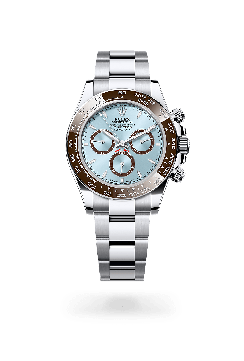 Rolex Cosmograph Daytona in Platinum with a ice blue, chestnut brown counter rings dial, chestnut brown monobloc cerachrom bezel in ceramic with moulded numerals and graduations bezel, and Oyster bracelet.