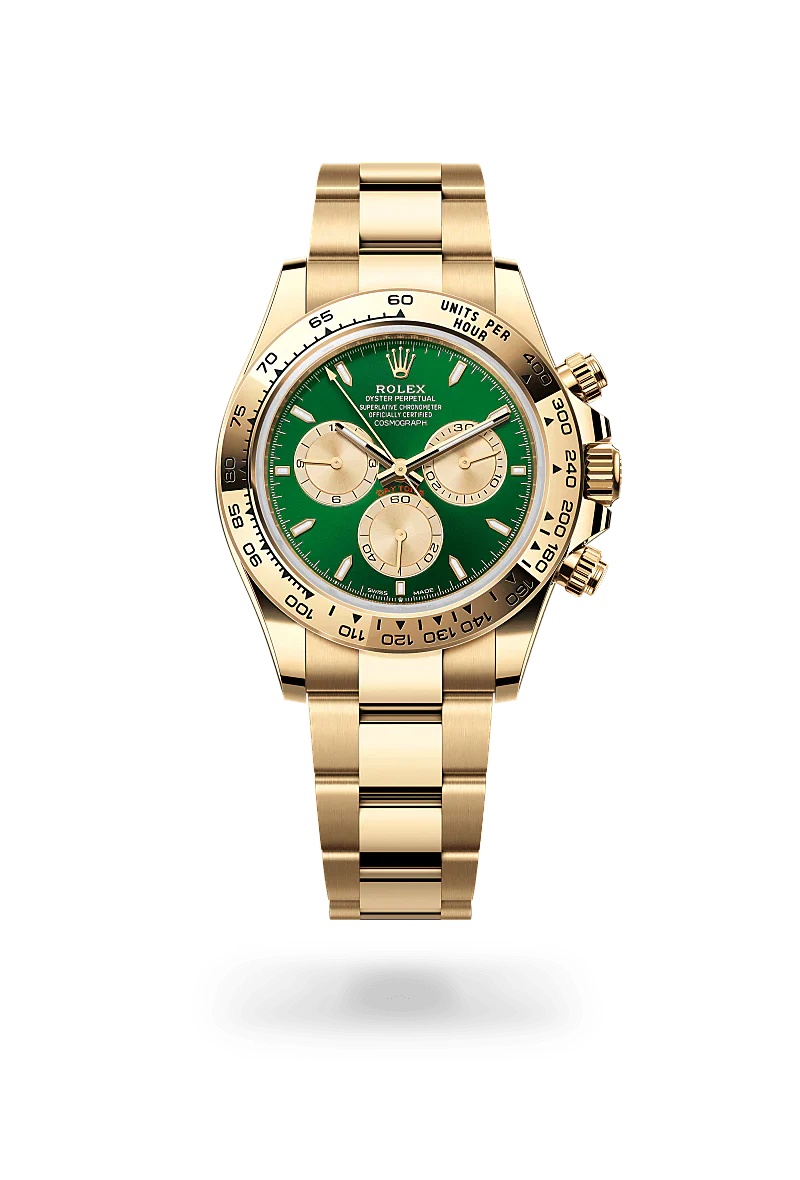Rolex Cosmograph Daytona in 18 kt yellow gold with a bright green and golden dial, fixed, with engraved tachymetric scale, in 18 kt yellow gold bezel, and Oyster bracelet.