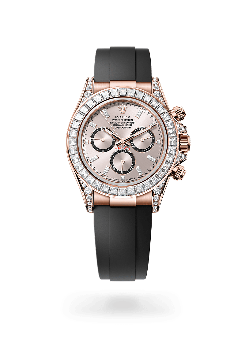 Rolex Cosmograph Daytona in 18 kt Everose gold with lugs set with diamonds with a sundust, bright black counter rings set with diamonds dial, set with diamonds bezel, and Oysterflex bracelet.
