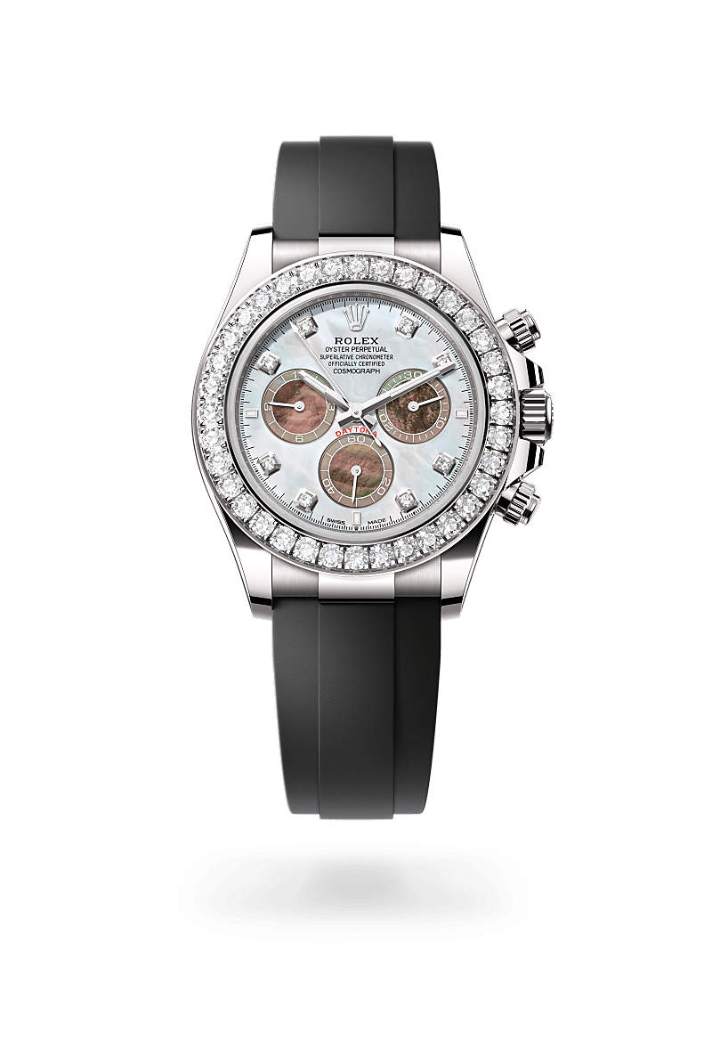 Rolex Cosmograph Daytona in 18 kt white gold with a white and black mother-of-pearl set with diamonds dial, set with diamonds bezel, and Oysterflex bracelet.