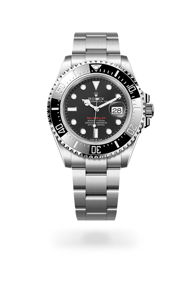 Rolex Sea-Dweller in Oystersteel with a intense black dial, unidirectional rotatable 60-minute graduated, scratch-resistant cerachrom insert in black ceramic, numerals and graduations coated in platinum bezel, and Oyster bracelet.