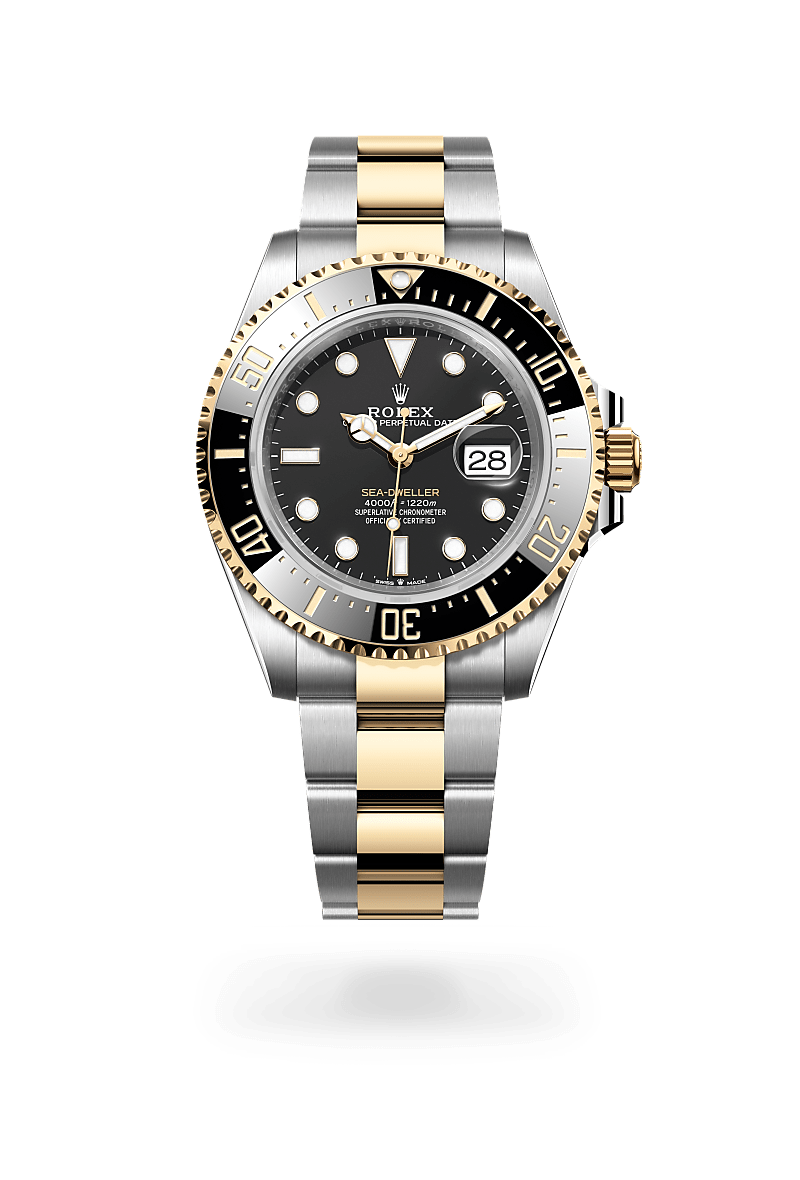Rolex Sea-Dweller in Yellow Rolesor with a intense black dial, unidirectional rotatable 60-minute graduated, scratch-resistant cerachrom insert in black ceramic, numerals and graduations coated in gold bezel, and Oyster bracelet.