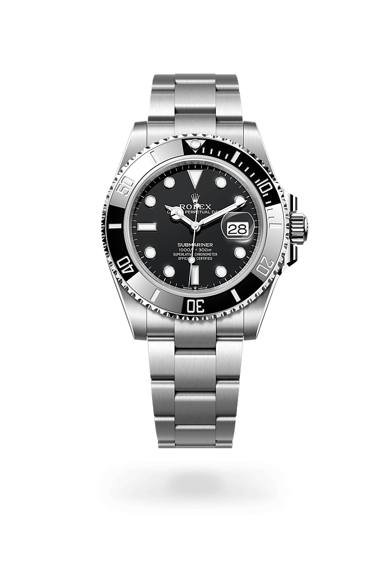 Rolex Submariner Date in Oystersteel with a black dial, unidirectional rotatable 60-minute graduated, scratch-resistant cerachrom insert in black ceramic, numerals and graduations coated in platinum bezel, and Oyster bracelet.