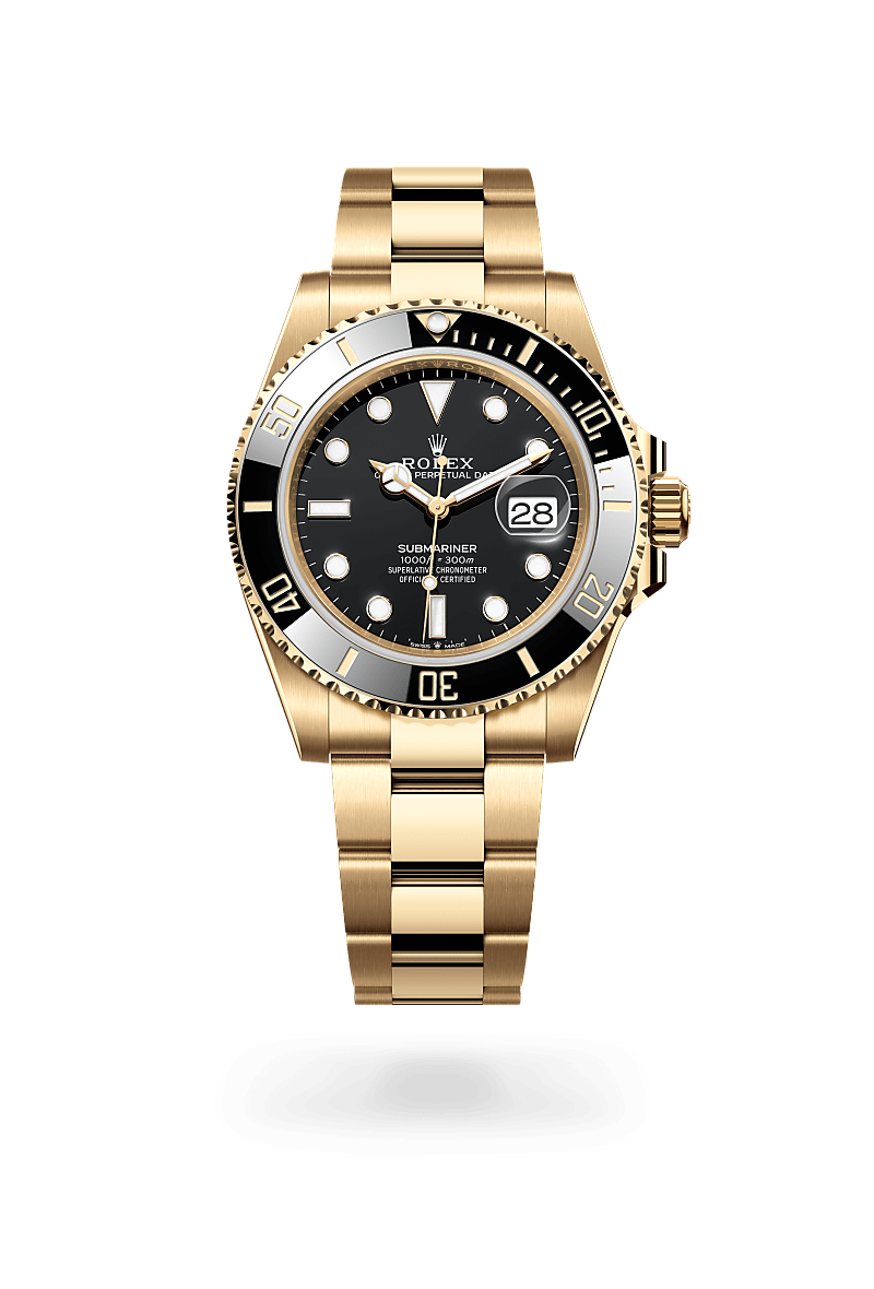 Rolex Submariner Date in 18 kt yellow gold with a black dial, unidirectional rotatable 60-minute graduated, scratch-resistant cerachrom insert in black ceramic, numerals and graduations coated in gold bezel, and Oyster bracelet.