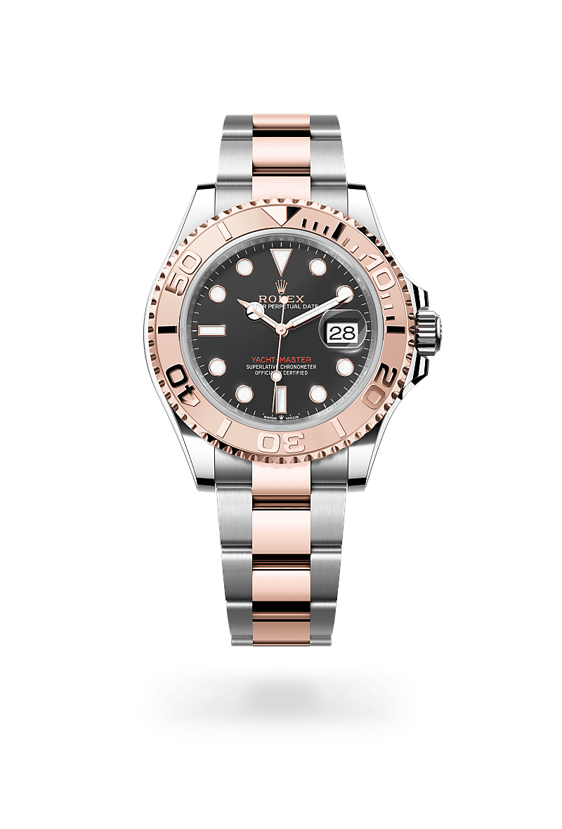 Rolex Yacht-Master 40 in Everose Rolesor with a intense black dial, everose gold bidirectional rotatable 60-minute graduated with raised numerals bezel, and Oyster bracelet.