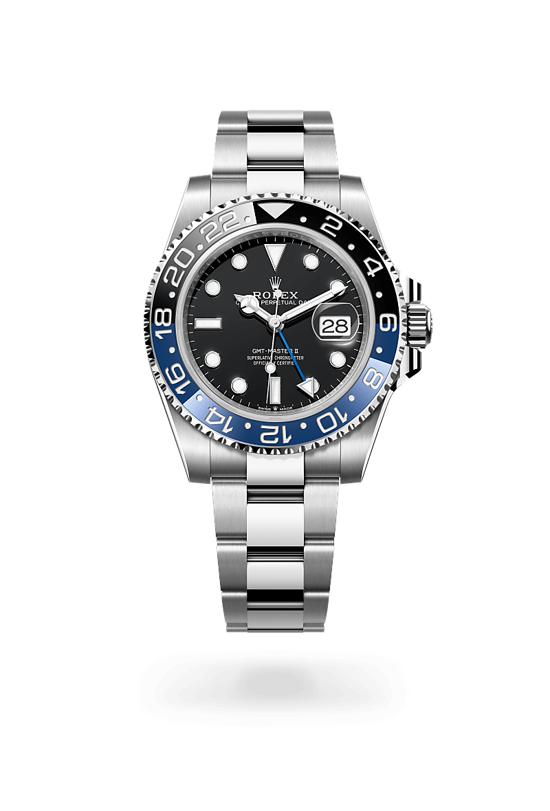 Rolex GMT-Master II in Oystersteel with a black dial, bidirectional rotatable 24-hour graduated bezel. two-colour blue and black cerachrom insert in ceramic, moulded numerals and graduations bezel, and Oyster bracelet.