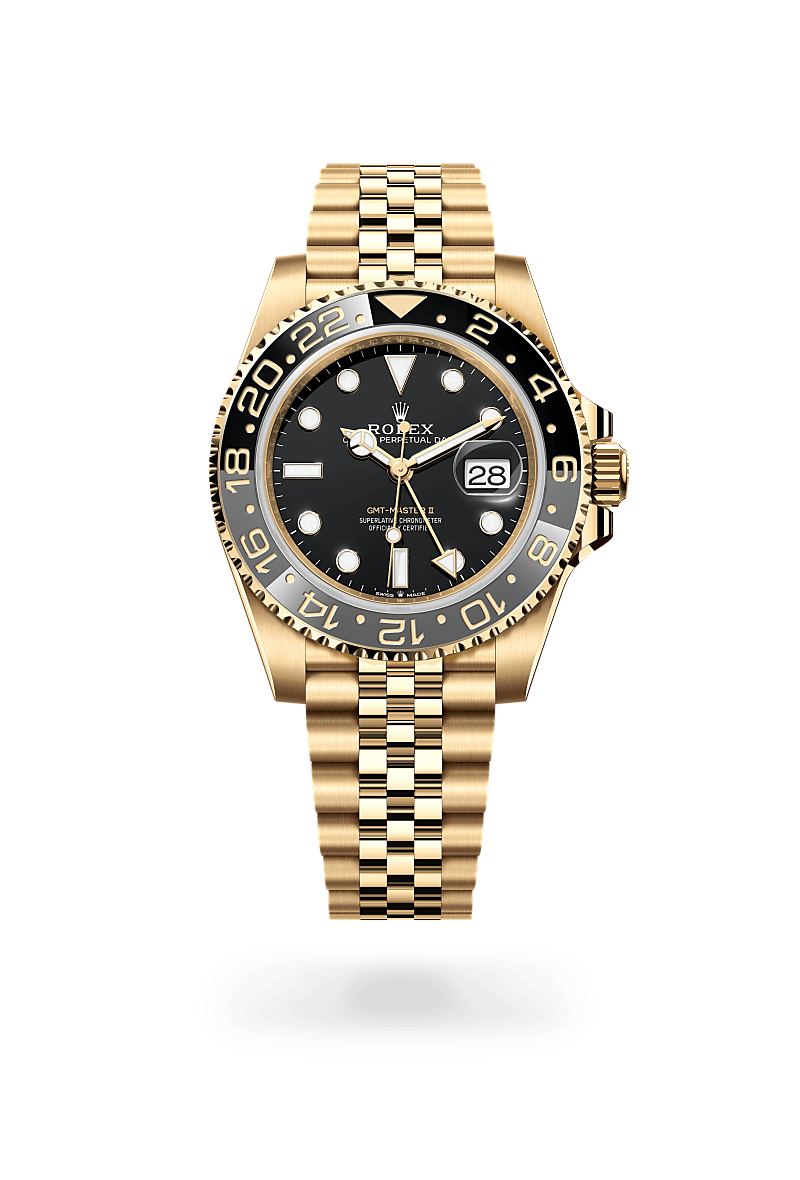 Rolex GMT-Master II in 18 kt yellow gold with a black dial, bidirectional rotatable 24-hour graduated bezel. two-colour grey and black cerachrom insert in ceramic, moulded numerals and graduations bezel, and Jubilee bracelet.