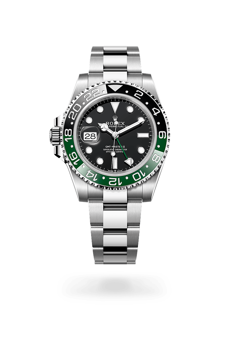 Rolex GMT-Master II in Oystersteel with a black dial, bidirectional rotatable 24-hour graduated bezel. two-colour green and black cerachrom insert in ceramic, moulded numerals and graduations bezel, and Oyster bracelet.