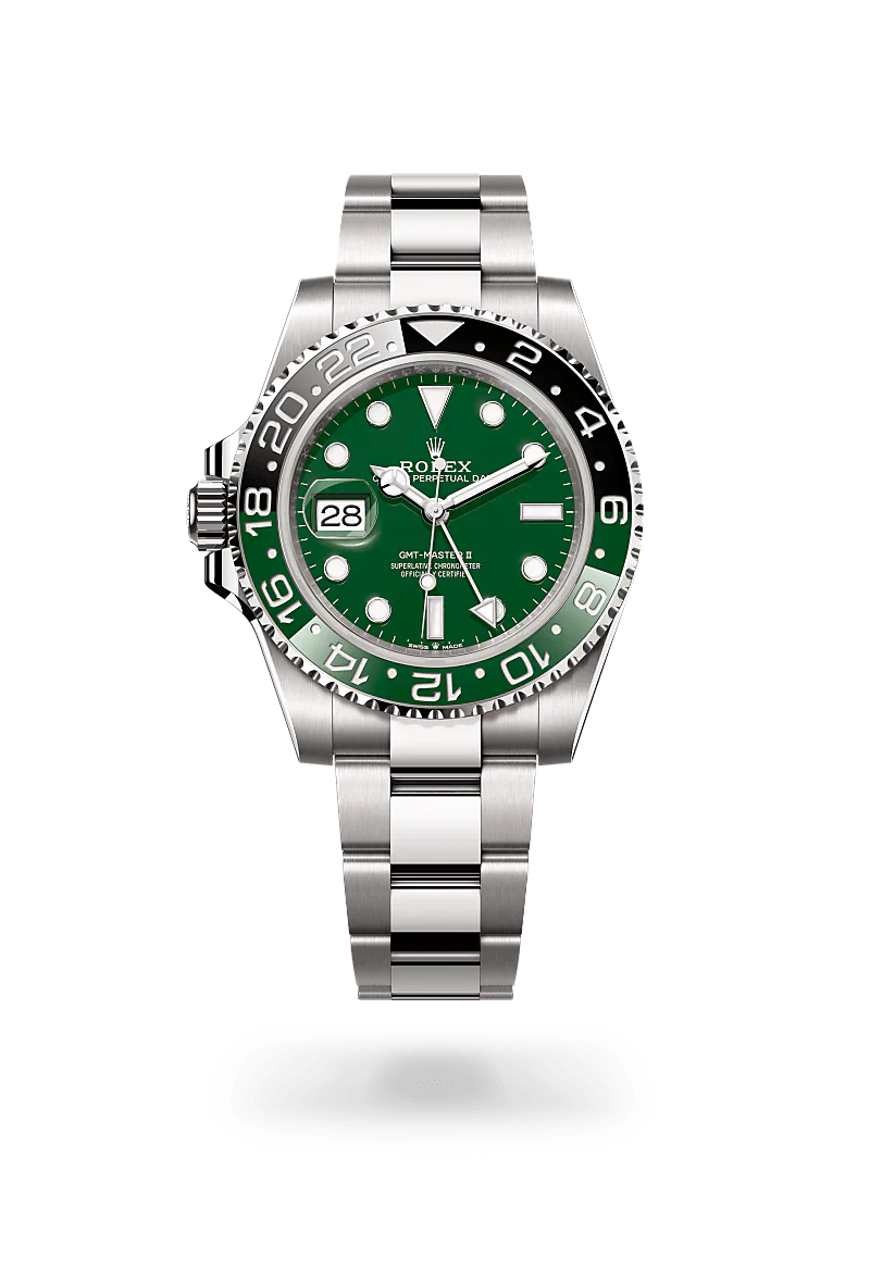 Rolex GMT-Master II in 18 kt white gold with a green ceramic dial, bidirectional rotatable 24-hour graduated bezel. two-colour green and black cerachrom insert in ceramic, moulded numerals and graduations bezel, and Oyster bracelet.