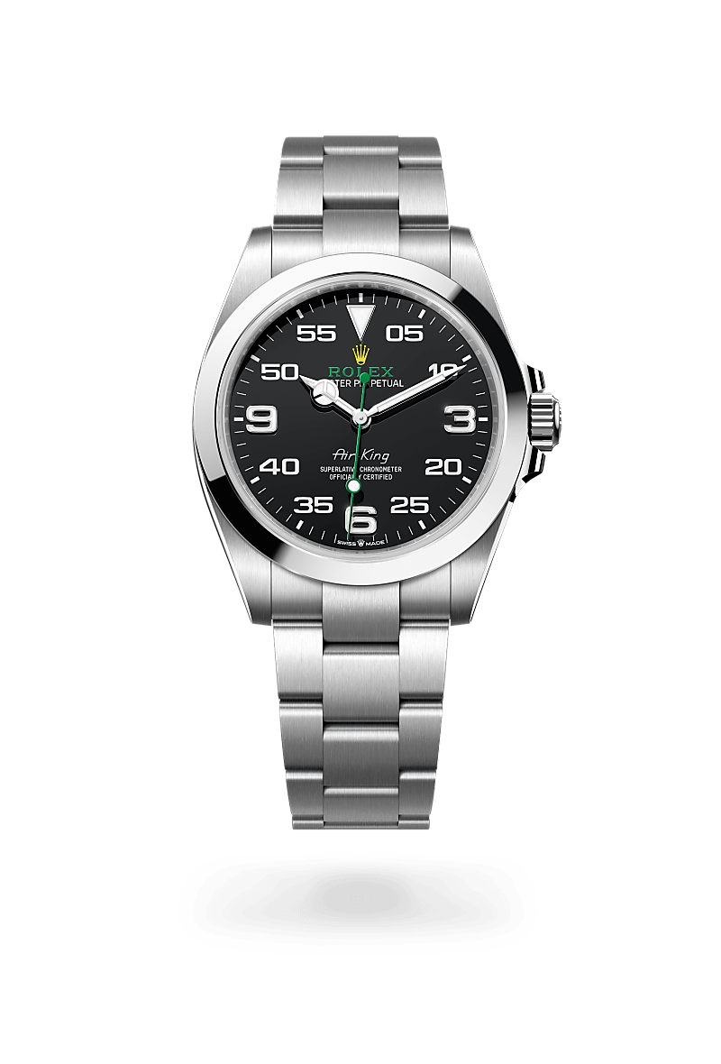 Rolex Air-King in Oystersteel with a black dial, smooth bezel, and Oyster bracelet.