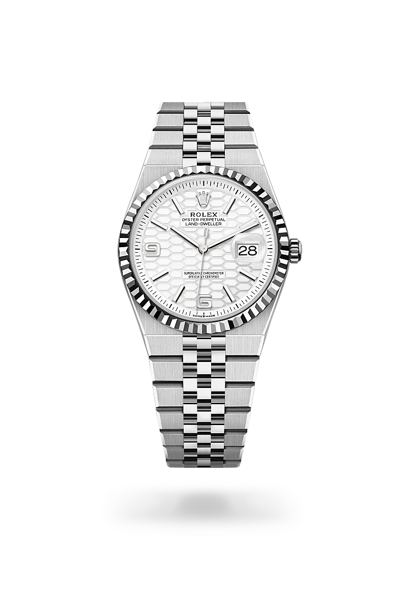 Rolex Land-Dweller 36 in White Rolesor with a intense white, honeycomb motif dial, fluted bezel, and Flat Jubilee bracelet.