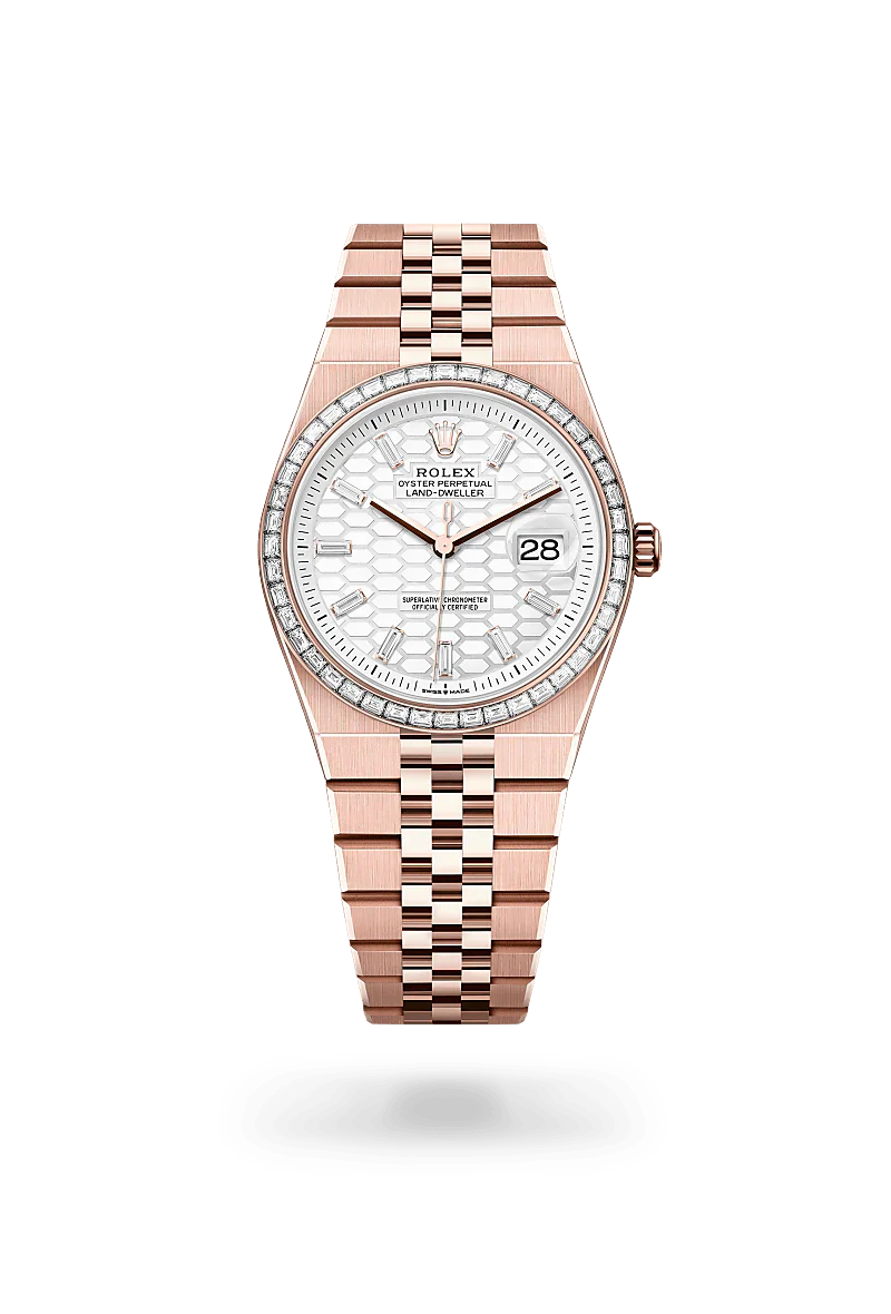 Rolex Land-Dweller 36 in 18 kt Everose gold with a intense white, honeycomb motif set with diamonds dial, set with diamonds bezel, and Flat Jubilee bracelet.