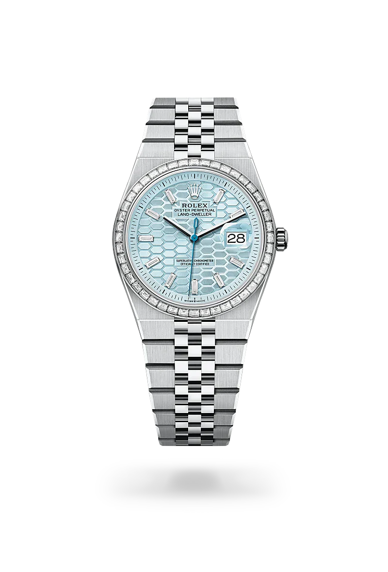 Rolex Land-Dweller 36 in Platinum with a ice blue, honeycomb motif set with diamonds dial, set with diamonds bezel, and Flat Jubilee bracelet.