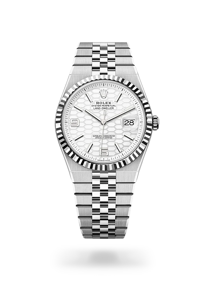 Rolex Land-Dweller 40 in White Rolesor with a intense white, honeycomb motif dial, fluted bezel, and Flat Jubilee bracelet.