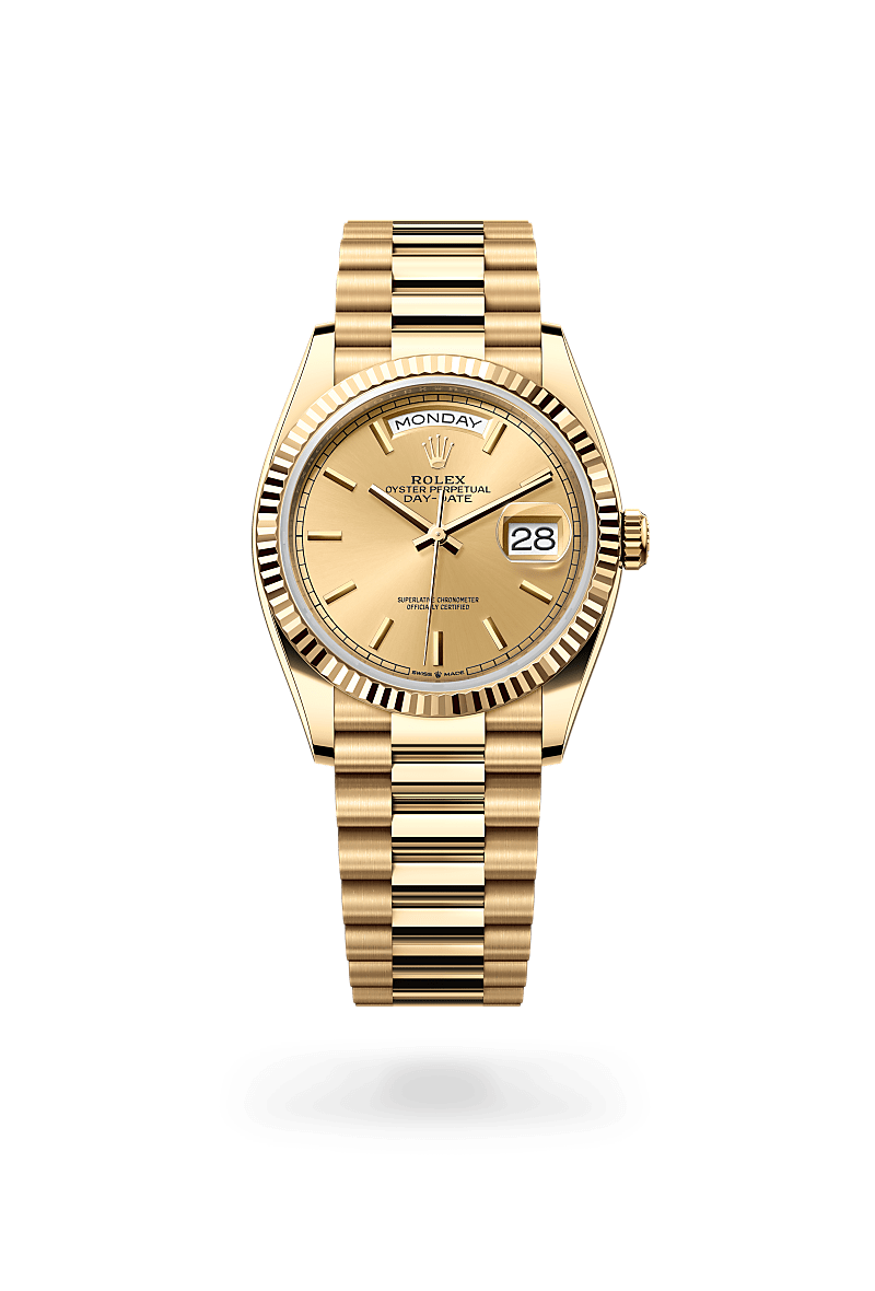 Rolex Day-Date 36 in 18 kt yellow gold with a champagne-colour dial, fluted bezel, and President bracelet.