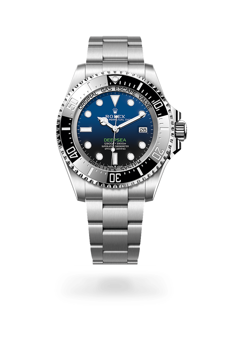 Rolex Rolex Deepsea in Oystersteel with a d-blue dial, unidirectional rotatable 60-minute graduated, scratch-resistant cerachrom insert in black ceramic, numerals and graduations coated in platinum bezel, and Oyster bracelet.