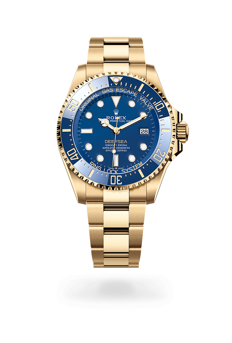 Rolex Rolex Deepsea in 18 kt yellow gold with a blue dial, unidirectional rotatable 60-minute graduated, scratch-resistant cerachrom insert in blue ceramic, numerals and graduations coated in gold bezel, and Oyster bracelet.