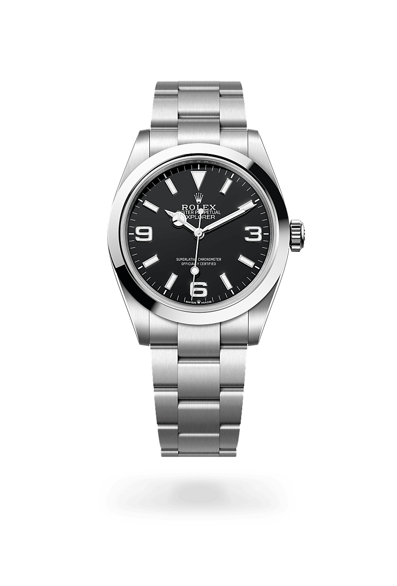 Rolex Explorer 40 in Oystersteel with a black dial, smooth bezel, and Oyster bracelet.