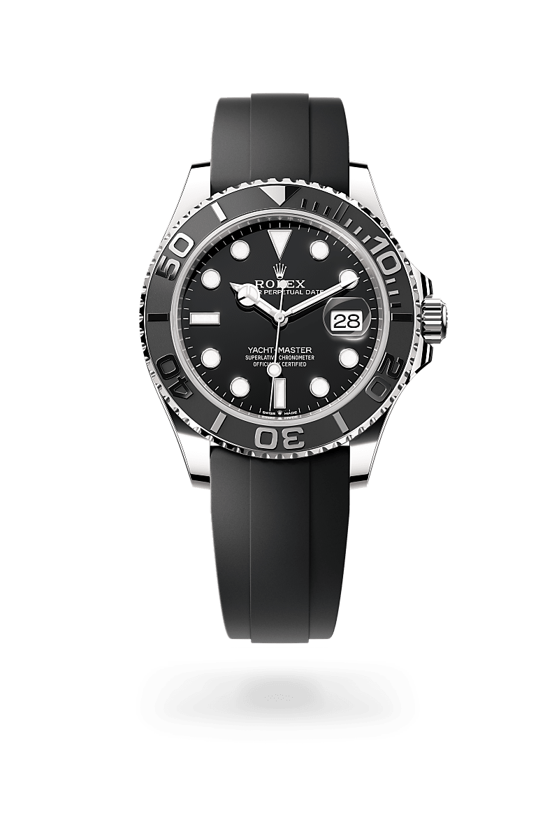 Rolex Yacht-Master 42 in 18 kt white gold with a black dial, bidirectional rotatable 60-minute graduated bezel with matt black cerachrom insert in ceramic, polished raised numerals and graduations bezel, and Oysterflex bracelet.