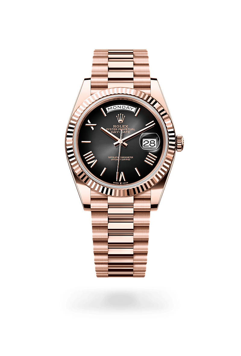 Rolex Day-Date 40 in 18 kt Everose gold with a slate ombr&eacute; dial, fluted bezel, and President bracelet.