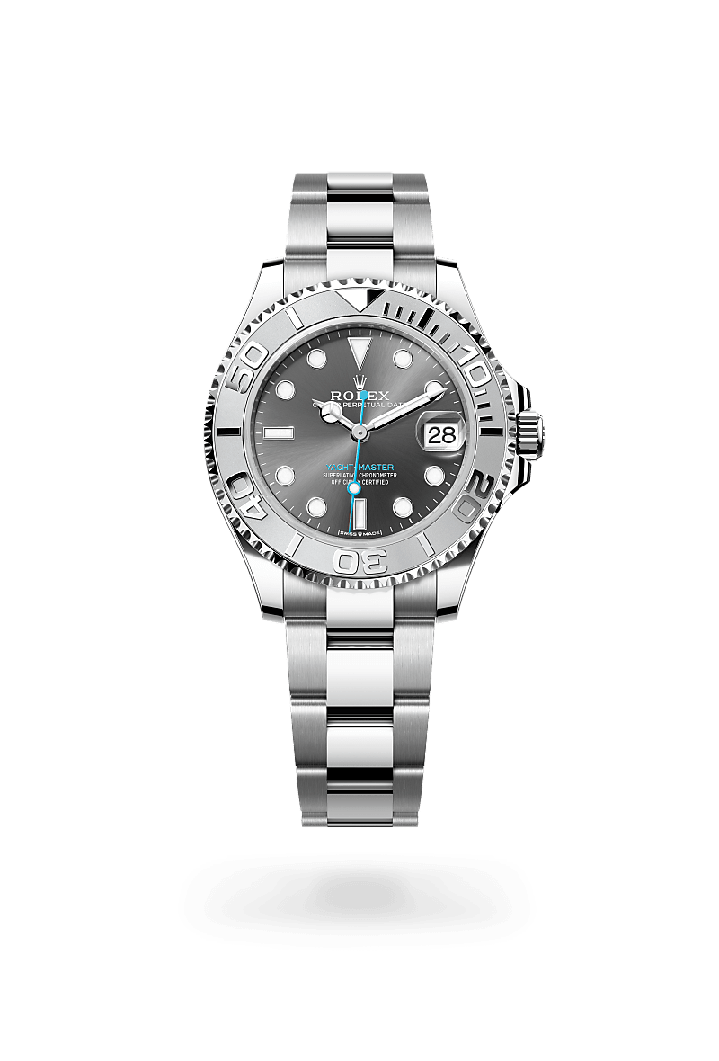 Rolex Yacht-Master 37 in Rolesium with a slate dial, 950 platinum bidirectional rotatable 60-minute graduated with raised numerals bezel, and Oyster bracelet.