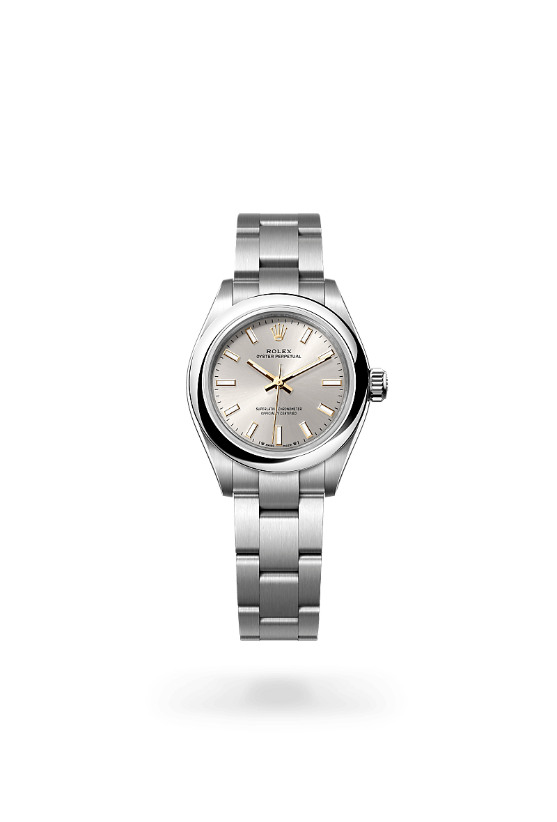 Rolex Oyster Perpetual 28 in Oystersteel with a silver dial, domed bezel, and Oyster bracelet.