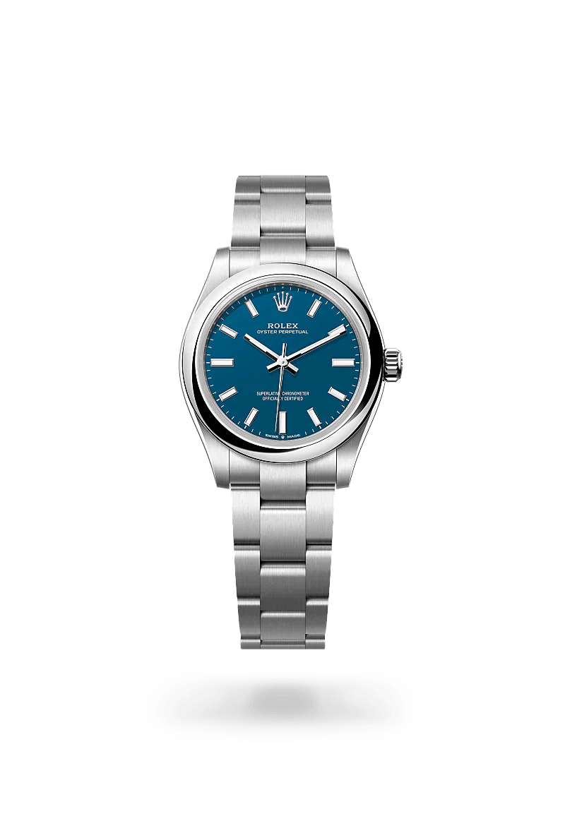 Rolex Oyster Perpetual 31 in Oystersteel with a blue dial, domed bezel, and Oyster bracelet.