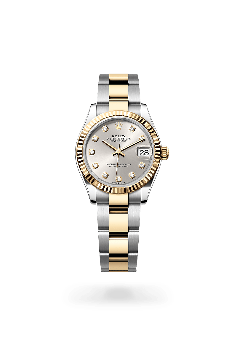 Rolex Datejust 31 in Yellow Rolesor with a silver set with diamonds dial, fluted bezel, and Oyster bracelet.