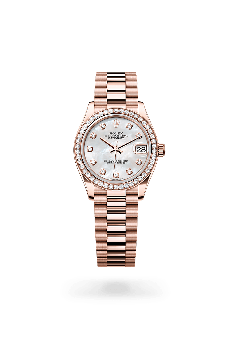 Rolex Datejust 31 in 18 kt Everose gold with a white mother-of-pearl set with diamonds dial, set with diamonds bezel, and President bracelet.