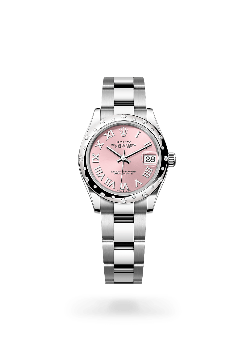 Rolex Datejust 31 in White Rolesor with a pink dial, domed, set with diamonds bezel, and Oyster bracelet.