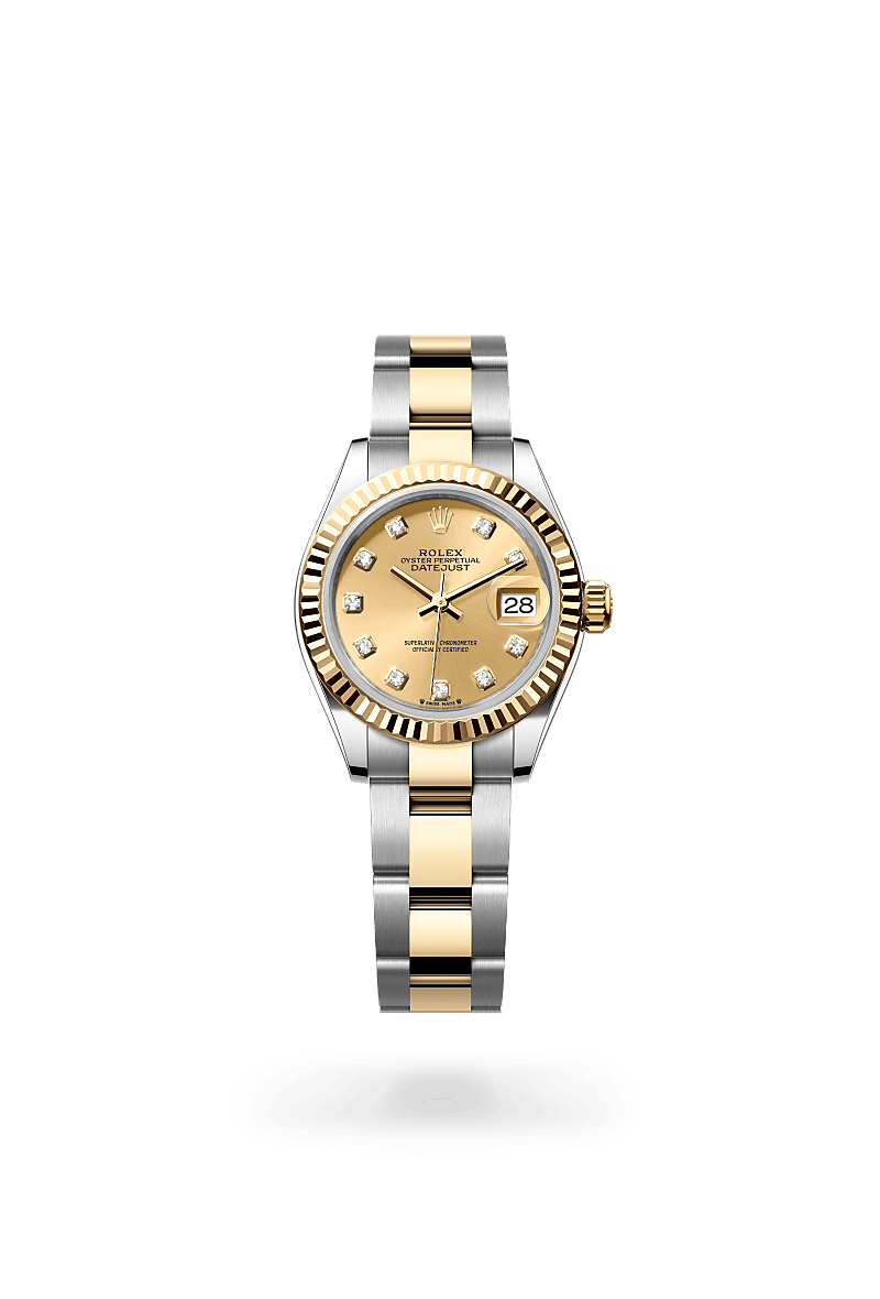 Rolex Lady-Datejust in Yellow Rolesor with a champagne-colour set with diamonds dial, fluted bezel, and Oyster bracelet.