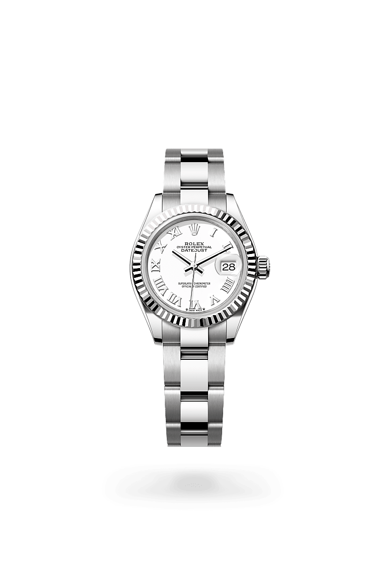 Rolex Lady-Datejust in White Rolesor with a white dial, fluted bezel, and Oyster bracelet.