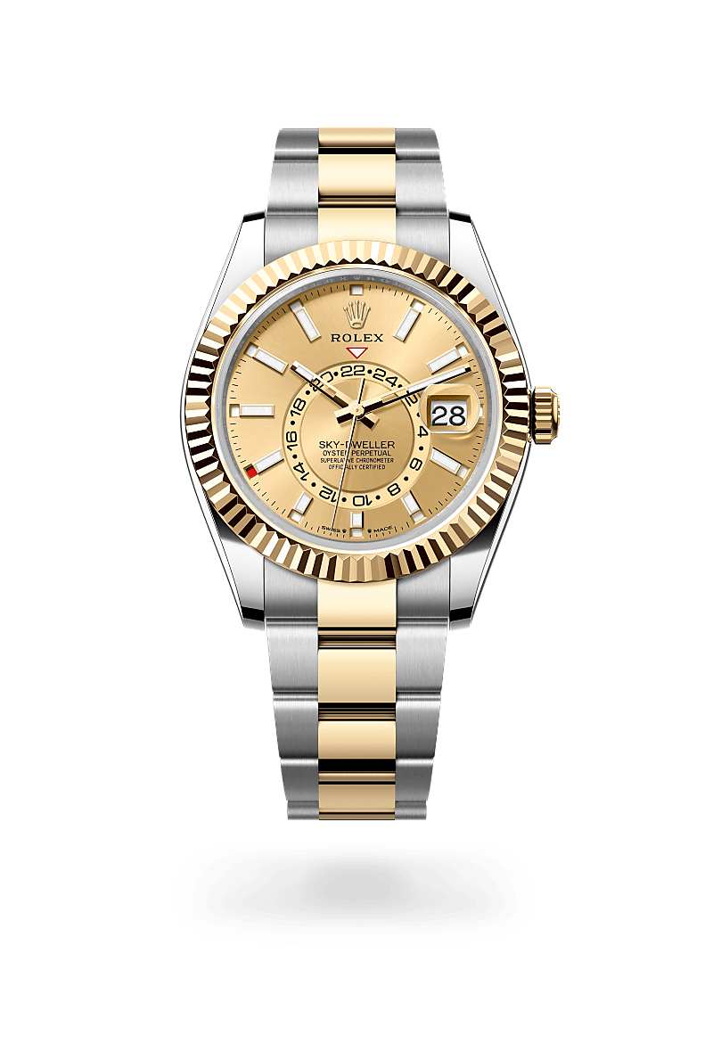 Rolex Sky-Dweller in Yellow Rolesor with a champagne-colour dial, fluted, bidirectional rotatable rolex ring command bezel, and Oyster bracelet.