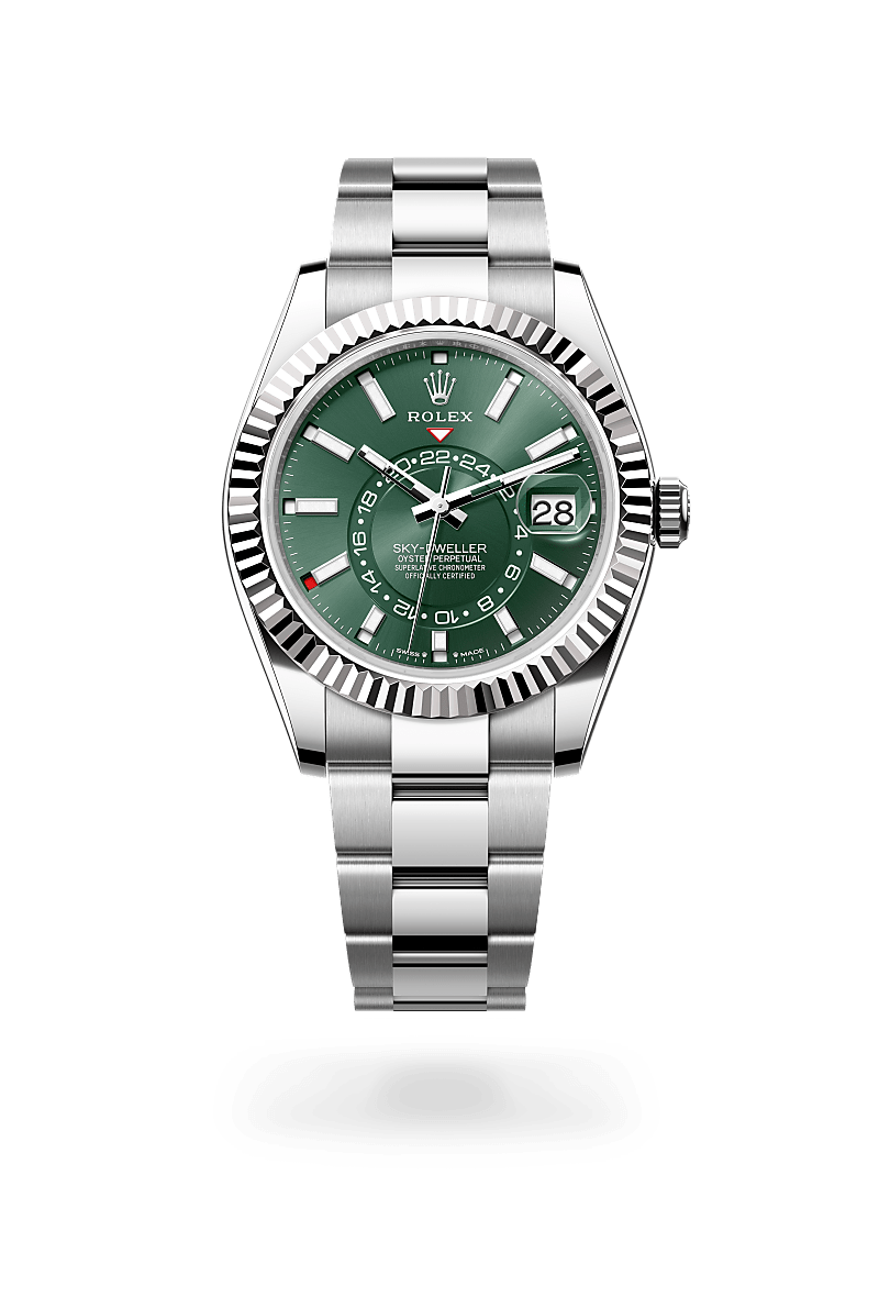 Rolex Sky-Dweller in White Rolesor with a mint green dial, fluted, bidirectional rotatable rolex ring command bezel, and Oyster bracelet.