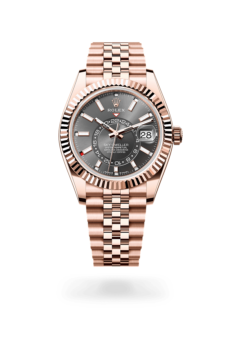 Rolex Sky-Dweller in 18 kt Everose gold with a slate dial, fluted, bidirectional rotatable rolex ring command bezel, and Jubilee bracelet.