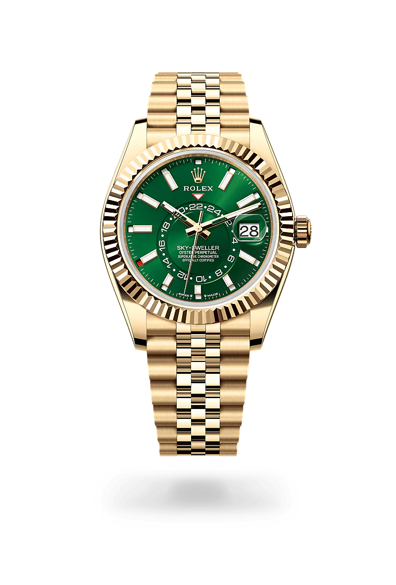 Rolex Sky-Dweller in 18 kt yellow gold with a bright green dial, fluted, bidirectional rotatable rolex ring command bezel, and Jubilee bracelet.
